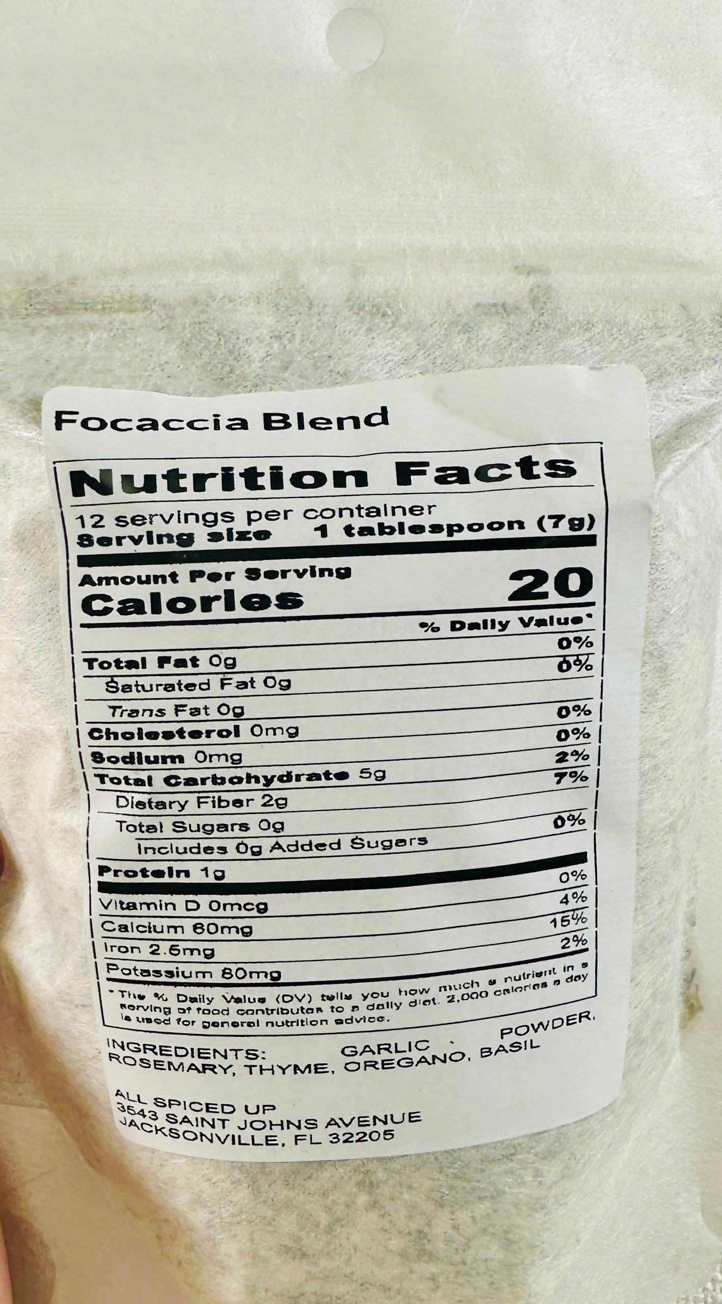 Nutrition facts label for a Focaccia Blend seasoning