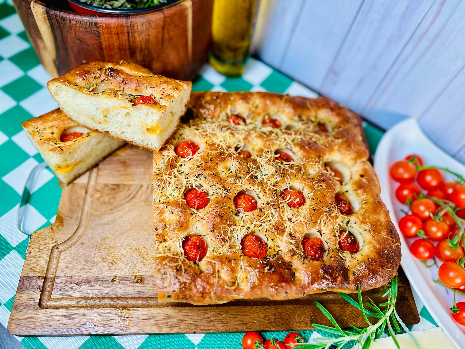 Homemade Italian focaccia bread with cherry tomatoes