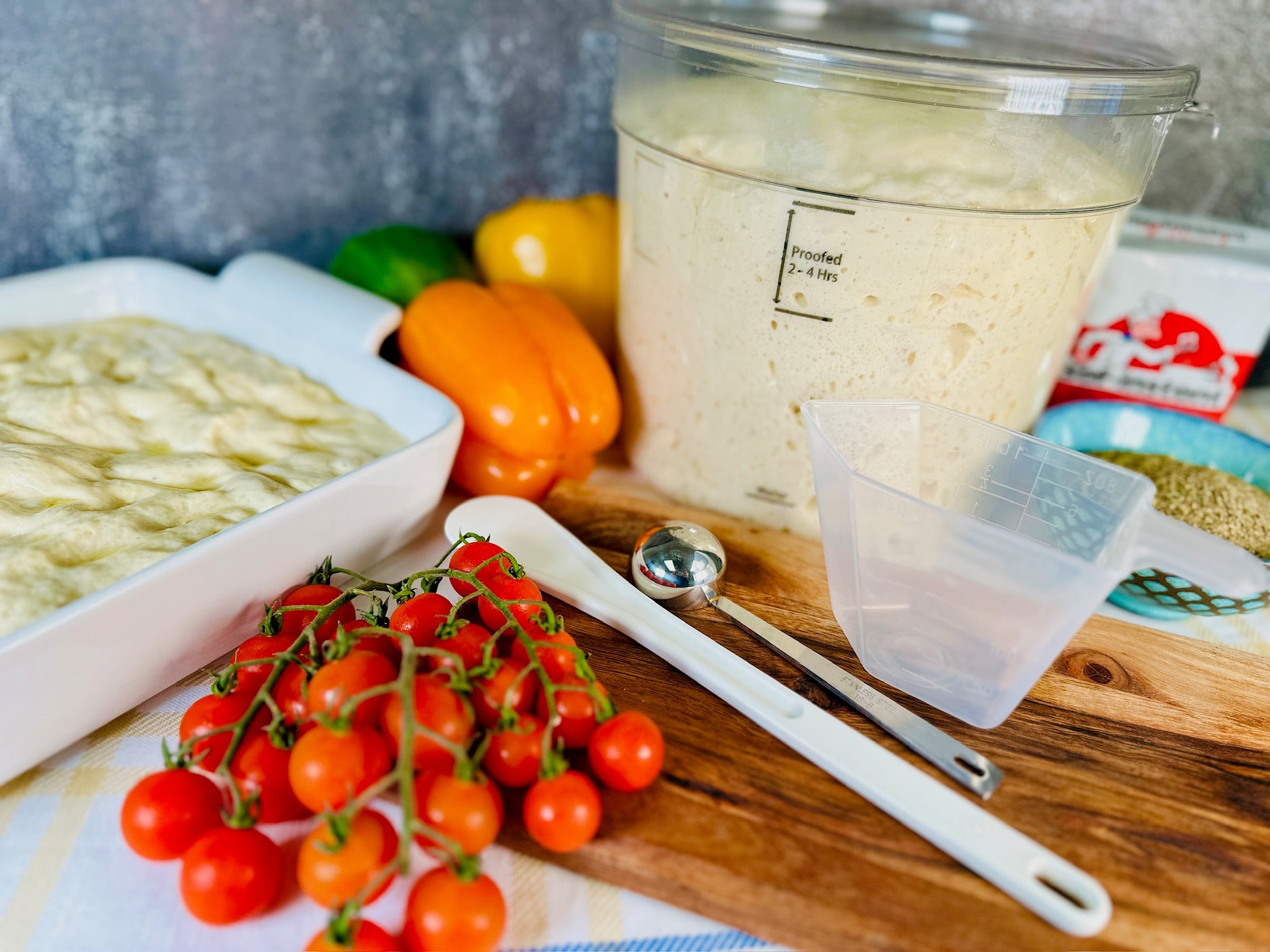 Ingredients and equipment for making focaccia bread