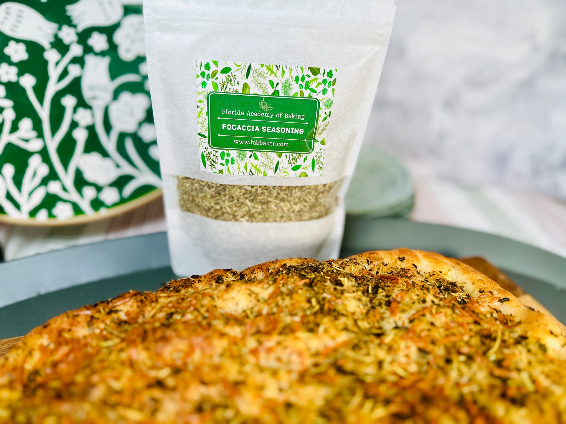 A bag of Florida Academy of Baking Focaccia Seasoning